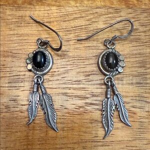 Vintage Navajo Sterling Silver Onyx Feather Dangle Earrings